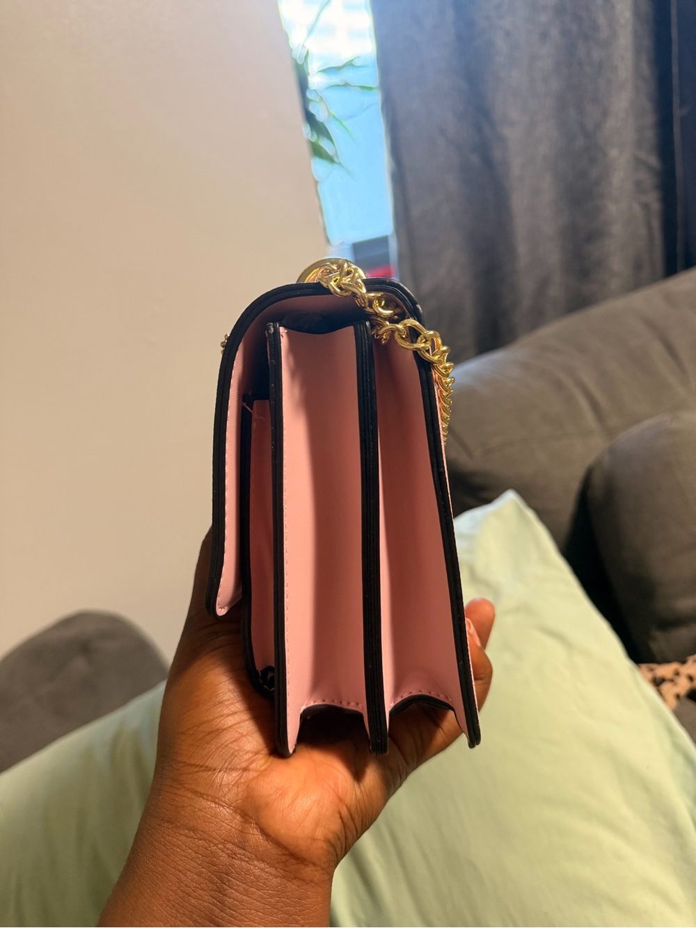 Compact Pink Crossbody Bag with Gold Chain Strap